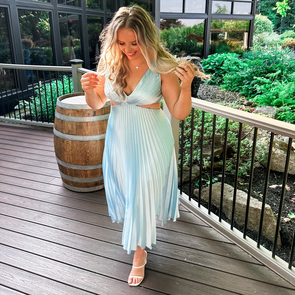 Abercrombie & Fitch Satin Pleated Cutout Maxi Dress in Baby Blue
